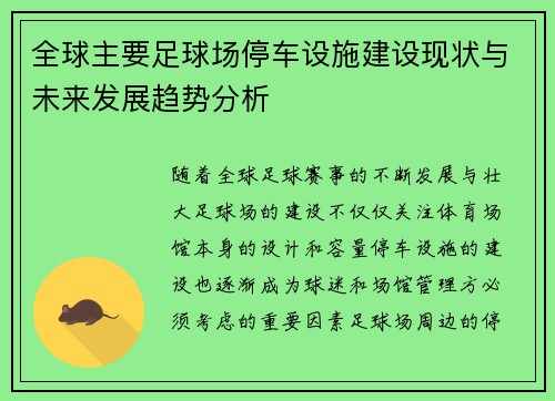 全球主要足球场停车设施建设现状与未来发展趋势分析